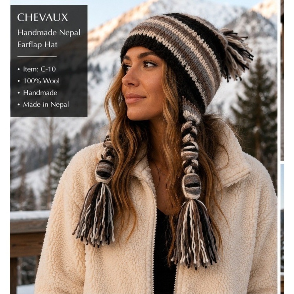 Cheveux Wool Chullo Hat Unisex OS Boho Gorpcore Hand Made Nepal Striped Tassels